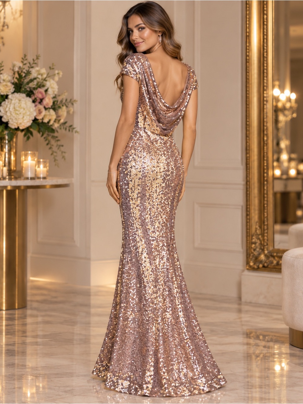 NWT Hancy Cowl Back Sequin Formal Trumpet Gown Size Small